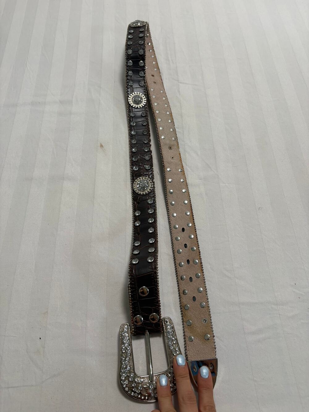 Rhinestone Studded Western Belt Brown Faux Croc Crystal Buckle XXL
